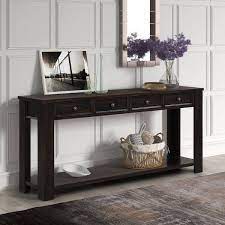 63 In Distressed Black Rectangle Pine Wood Console Table Sofa Table With 4 Drawers And 1 Bottom Shelf