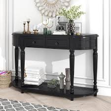 Retro 52 In Black Curved Wood Console Table With Open Style Shelf And 2 Top Drawers