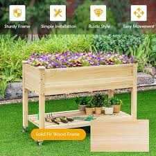 Gymax Raised Garden Bed Wood Elevated Planter Bed W Lockable Wheels Shelf Liner