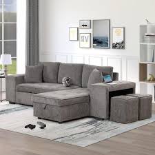 104 5 In Width Knox Charcoal Gray Linen Full Size Convertible Sofa Bed With Storage Chaise And 2 Stools