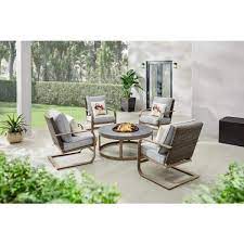 Hampton Bay Hampshire Place 5 Piece Steel Wicker Patio Fire Pit Set With Cushionguard Stone Gray Cushions