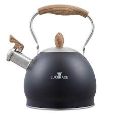 Creative Home 2 6 Qt Stainless Steel Whistling Tea Kettle Teapot With Folding Wood Touching Handle Aluminum Capsulated Bottom For Fast Boiling Heat W