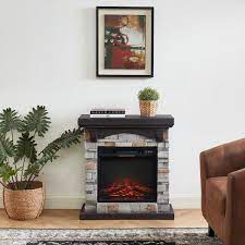 28 In Gray Freestanding Faux Stone Infrared Electric Fireplace With Mantel