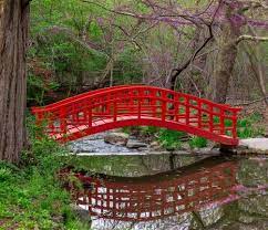 Red Garden Bridge In Japanese Garden In