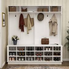 63 In W White Wood 3 In 1 Hall Tree Coat Rack Shoe Storage Bench With 6 Metal Double Hooks Shoe Rack And Shelves