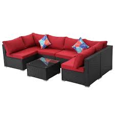 7 Piece Black Wicker Outdoor Patio Sectional Sofa Conversation Set With Red Cushions And 1 Coffee Table