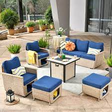 Sierra Beige 6 Piece Wicker Outdoor Multi Functional Patio Conversation Sofa Set With A Fire Pit And Navy Blue Cushions