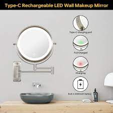 8 In Led Lighted 1x 10x Magnifying Mirror Wall Mount Bathroom Makeup Mirror In Brushed Nickel Battery Usb Powered