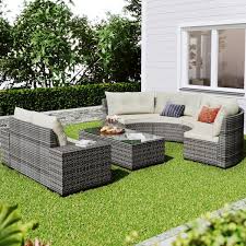 Gray 8 Piece Pe Wicker Outdoor Half Moon Sectional Set Curved Sofa Set Conversation Set With Table And Beige Cushions