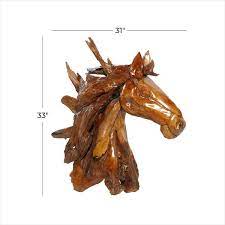 Decmode Teak Wood Horse Natural Sculpture Brown Size Xl