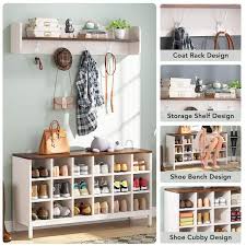 Byblight Carmalita White And Brown Hall Tree With Shoe Cubby And Coat Rack Shoe Rack Bench With Wall Mounted Shelf And Hooks Brown White