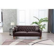 Modern 77 95 In W Square Arms Pu Leather Straight Sofa Bed Couch Of 3 Seaters And 2 Throw Pillows Tufted Back In Brown