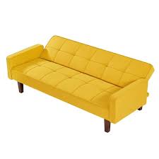 75 In W Yellow Mid Century Modern Convertible Linen Upholstered Recliner Sleeper Sofa Bed