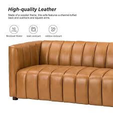 Pachynus 83 In Wide Square Arm Genuine Leather Rectangle Contemporary Channel Tufted Sofa In Camel