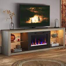 Bestier Modern Electric Fireplace Tv Stand For Tvs Up To 75 Inch With Led Light In Wash White Gray