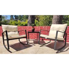 Kozyard Moana Outdoor 3 Piece Rocking Wicker Bistro Set Two Chairs And One Glass Coffee Table Black Wicker Furniture White Cushion
