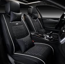 Primium Car Seat Cover Pillow Full Set Black Pu Leather Cushion White Thread Pad Size 70