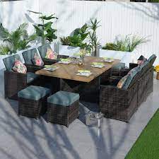 Viewpoint Brown 11 Piece Wicker Rectangular Outdoor Dining Set With Light Green Cushion Aluminum Table Top