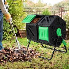 Dual Chamber Garden Compost Tumbler With Sliding Doors Black Green