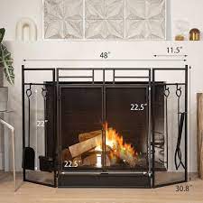 4 Panel Wrought Iron Fireplace Screen Fire Spark Guard Hinged Doors Wi