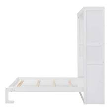 White Wood Frame Full Size Murphy Bed Wall Bed With Shelves Folded Into A Cabinet
