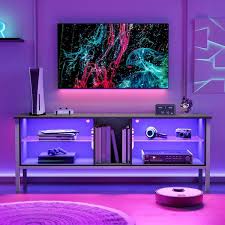 Bestier Gaming Tv Stand For 70 Inch Tv Gaming Entertainment Center With Led Lights For Ps4 Black Carbon Fiber
