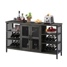 Yofe Gray And Black Rustic Wood Wine Bar Cabinet For Liquor And Glasses Double Sideboard And Buffet Cabinet Wine Rack Table Gray Black