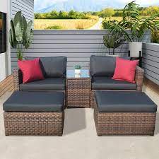 Brown 5 Piece Wicker Outdoor Sectional Patio Conversation Set Black Cushions Pillows And Furniture Protection Cover