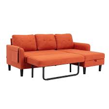 73 In Modern Orange Fabric Reversible Sleeper Sectional Sofa Bed With Side Pocket And Storage Chaise