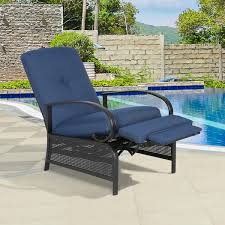 Black Adjustable Steel Outdoor Reclining Lounge Chair With Navy Cushion