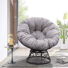 Metal Steel Frame 360 Swivel Outdoor Lounge Chair With Gray Cushion Comfy Circle Lounge Moon Chair