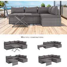 Grey 4 Piece Wicker Patio Furniture Sets Outdoor Sectional Sofa Set Sectional With Grey Cushions And Table