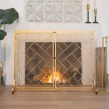 Barton 44 In X 33 In Free Standing Fireplace Screen 2 Panel Indoor Living Room Flat Gold