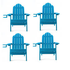 Miranda Blue Foldable Recycled Plastic Outdoor Patio Adirondack Chair With Cup Holder For Backyard Firepit Poo 4 Pack