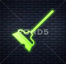 Glowing Neon Mop Icon Isolated On Brick