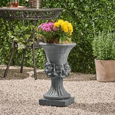 Noble House Calliope 11 75 In X 11 75 In Antique Grey Lightweight Concrete Outdoor Garden Urn Planter With Fl Accents