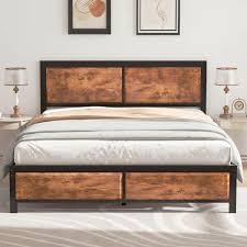 Metal Bed Frame With Wooden Headboard