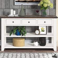 48 In White Rectangular Solid Pine Wood Top Console Table Entryway Sofa Side Table With 3 Storage Drawers 2 Shelves