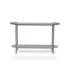 Elosi 48 75 In Light Gray And Brushed Gun Metal Oval Wood Console Table With Shelf