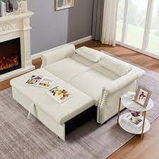 68 9 In W Rolled Arm Polyester Fabric Rectangle Convertible Sofa With Pillow In Beige