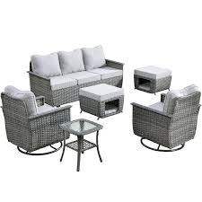Sierra Black 6 Piece Wicker Pet Friendly Patio Conversation Sofa Set With Swivel Rocking Chairs And Light Grey Cushions