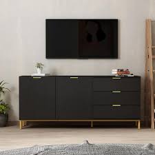 Fufu Gaga 62 9 In Wood Black Tv Stand Entertainment Center With Storage Cabinet And 3 Drawers Fits Tv S Up To 70 In