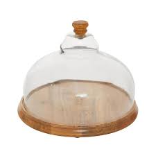 Stella Eve Natural Wood Plate With Glass Cloche Cover Brown