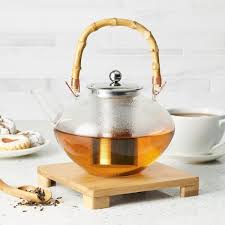 Bonjour 34 Oz Tea Handblown Glass Zen Teapot With Stainless Steel Infuser Bamboo Trivet