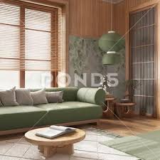 Japandi Living Room With Wallpaper And