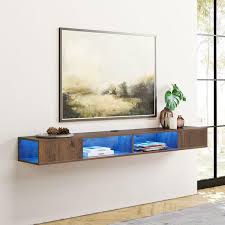 Wampat Brown Floating Tv Stand For 75 Inch Tv With Storage Shelf And Led Light White Gray