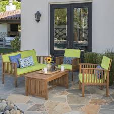 4 Piece Brown Finish Outdoor Furniture Patio Set Green Cushion Silver