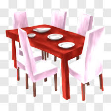 Red Dining Table With Six White Chairs