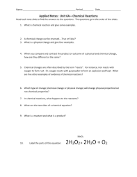 Applied Notes Unit 6a Chemical Reactions