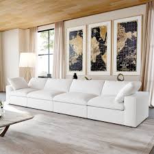 161 In Modular 30 Linen Down Filled Overstuffed Upholstered Large 4 Seat Living Room Sectional Sofa In White